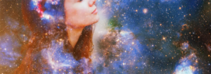 Woman's face blending with cosmic background.